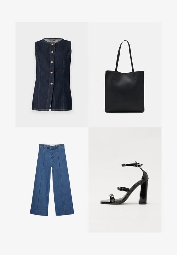 Gilet in denim senza maniche di colore blu scuro, con scollatura rotonda, chiusura frontale con bottoni e bottoni color oro con dettagli di cucitura.; Jeans in denim a gamba larga di blu medio, con vita alta, chiusura con bottone e dettagli delle cuciture verticali a contrasto lungo la parte anteriore.; Sandali con tacco in vernice nera, con punta squadrata, cinturini alla caviglia e fibbie in argento. Presentano un tacco a blocco spesso per maggiore stabilità.; Borsa tote in pelle nera con texture liscia, forma rettangolare e due manici lunghi. Nessun hardware o decorazione visibile.