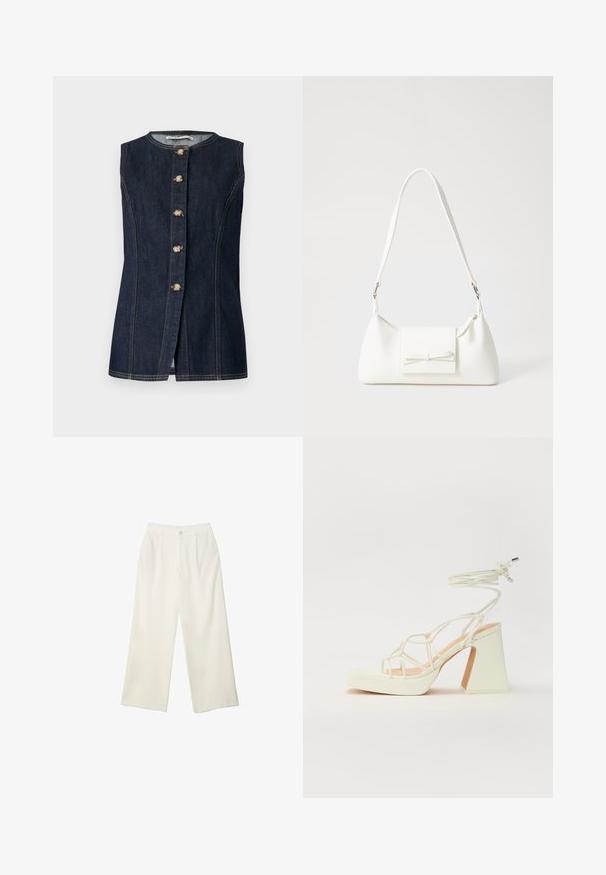 Ärmellose Jeansweste in Dunkelblau mit rundem Ausschnitt, vorderem Knopfverschluss und goldfarbenen Knöpfen mit Steppnähten.; Helle Stoffhose mit weitem Bein und glatter Textur, ausgestattet mit einem einzelnen Knopf vorne, dezenten Falten und einem Hochbund-Design.; Weiße High-Heel-Sandale mit einem klobigen Absatz, die über ein Riemchendesign und ein Knöchelband verfügt. Glatte Textur mit einer Plattform vorne für zusätzliche Höhe.; Weiße synthetische Handtasche in dreieckiger Form, flache Vorderklappe und Schleifendetail, verstellbarer Trageriemen, glatte Textur und minimalistisches Design.