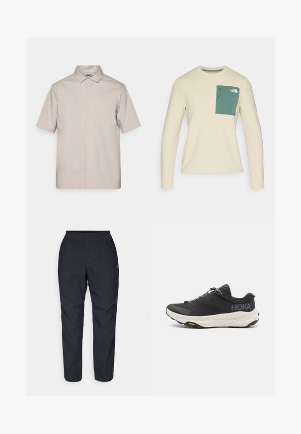 Gaiša beidžā kokvilnas krekla īsās piedurknes ar apkakli, ar vienu krūšu kabatu, tīrām līnijām un diskrētām šuvju detaļām.; Bežs garo piedurkņu tops, kas izgatavots no struktūrētas auduma, ar zaļu krūšu kabatu ar aukliņu un logo detaļu.; Melnas, vieglas, ūdensizturīgas bikses ar elastīgu jostu, taisnu kāju dizainu un divām slīpām sānu kabatām.; Melna sporta kurpe ar teksturētu virsu, pelēkiem akcentiem, atstarojošiem elementiem un biezu baltu zoli, kas rotāta ar Vibram zīmolu.