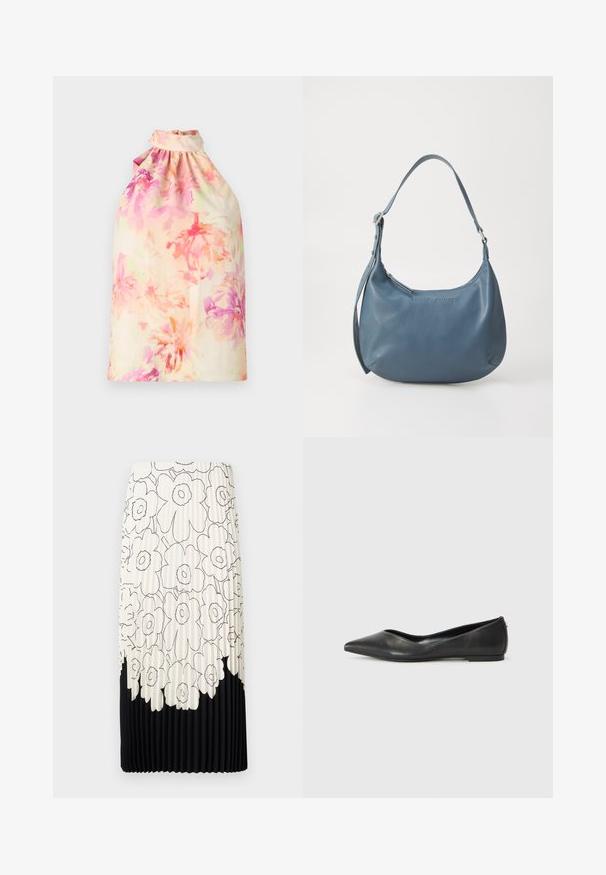 Blomsterprint halterneck-top i bløde pastelfarver med rynket halsudskæring og flydende stof. Let tekstur med en afslappet silhuet.; Plisseret nederdel med et blomstret sort-hvidt mønster, der har en lyseoverdel med blomster og en ensfarvet sort underkant.; Sorte læder balletlejersko med spids tå, lav hæl og glat overflade. Minimalistisk design med en diskret sideaccent.; Blå læderhåndtaske med en rundt form, enkelt skulderstrop, lynlås lukning og præget brandnavn på fronten. Glat tekstur.