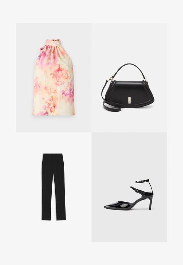 Blumenmuster-Haltertop in sanften Pastellfarben, mit gerafftem Ausschnitt und fließendem Stoff. Leichte Textur mit entspannter Silhouette.; Schwarze maßgeschneiderte Hose mit geradem Bein, ausgestattet mit Fronttaschen und einem glatten, strukturierten Stoff. Saubere, minimale Details.; Schwarze Lacklederabsätze mit spitzer Zehenpartie, verstellbaren Knöchelriemen und einem schlanken Absatz. Glatte Textur mit glänzender Oberfläche.; Schwarze Lederhandtasche mit einem strukturierten Design, das eine verkürzte Form, einen oberen Griff und goldfarbene Hardware-Details aufweist. Verstellbarer Schulterriemen ist enthalten.