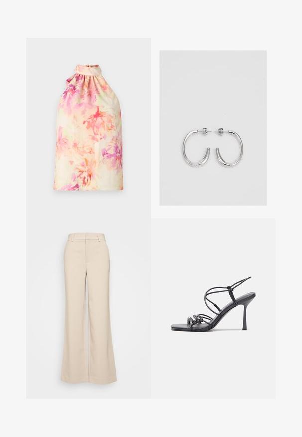 Kukkakuosiinen halterneck-toppi pehmeissä pastellisävyissä, jossa on rypytetty kaula-aukko ja virtaava kangas. Kevyt tekstuuri rento siluetti.; Beige levelek pantsa, jotka ovat sileätekstuuriset ja joissa on korkea vyötärö sekä kaksi etutaskua. Siisti muotoilu ja istuva malli.; Mustat korkokengät sandaalit, joissa on ohuet hihnat solmittuna, sileä neliön muotoinen varvasosa ja tyylikäs stiletto-korko.; Hopeiset korvarenkaat, joissa on sileä ja kiiltävä pinta, kaareva muoto ja piikkikiinnitys. Minimalistinen muotoilu modernilla viimeistelyllä.