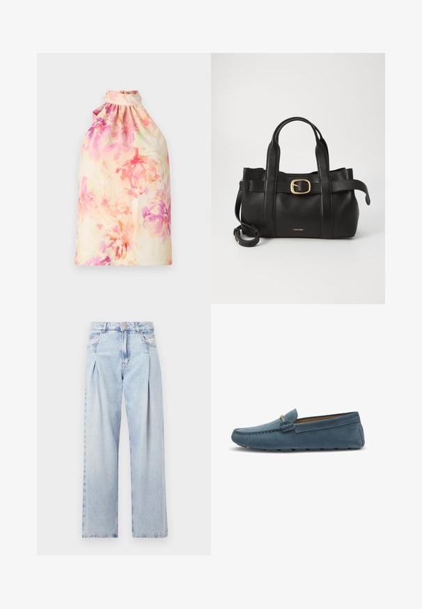 Blomsterprint halterneck-top i bløde pastelfarver med rynket halsudskæring og flydende stof. Let tekstur med en afslappet silhuet.; Lyseblå denim jeans med høj talje, bred benåbning, to sidelommer og plisseret design. Blød tekstur med et falmet finish.; Blå ruskinds loafers med flad sål, der har en syet design langs kanterne og en dekorativ metalaccent foran.; Sort læderhåndtaske med et struktureret design, dobbelte toppegreb, guldtonet spændeaccents og præget logo på forsiden.
