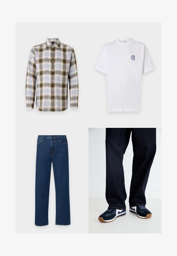 Camicia a maniche lunghe a scacchi nei colori verde, blu e crema, con colletto classico e bottoni bianchi che contrastano con i modelli a scacchi.; Maglietta bianca in cotone con maniche corte, scollo rotondo e un piccolo logo "C" blu ricamato sul lato sinistro del petto.; Jeans in denim di un blu scuro a gamba dritta con tasche anteriori e chiusura con bottone, esposti su uno sfondo bianco semplice.; Scarpe da ginnastica navy e bianche con una tomaia testurizzata, lacci e suola in gomma, abbinate a pantaloni di denim scuro con cuciture arancioni.