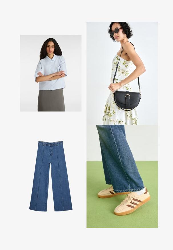 Camicia a maniche corte azzurro chiaro con colletto, apertura con bottoni e una tasca sul petto. Tessuto morbido, design cropped.; Jeans in denim a gamba larga di blu medio, con vita alta, chiusura con bottone e dettagli delle cuciture verticali a contrasto lungo la parte anteriore.; Sneakers beige con pannelli texturizzati crema e strisce marroni, abbinati a jeans in denim blu. I jeans hanno un taglio largo e orlo sfilacciato.; Borsa a tracolla nera in pelle con una forma curva, manico rimovibile e accessori dorati. La borsa presenta una patta con un dettaglio a fibbia.