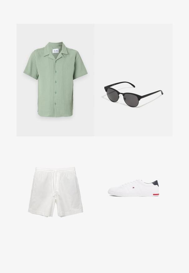 Camicia a maniche corte di colore verde chiaro, realizzata in tessuto testurizzato. Presenta un colletto classico, bottoni frontali e una vestibilità comoda con orlo arrotondato.; Shorts bianchi in cotone con vita elasticizzata e cordino, tasche laterali e taglio dritto con orli rifiniti.; Sneakers bianchi a punta bassa realizzati in pelle liscia. Presentano una tomaia blu navy sul tallone e un accento rosso sulla suola. Sei occhielli per i lacci.; Occhiali da sole neri con lenti rotonde, finitura opaca e forma distintiva a occhio di gatto. Astine sottili con un branding discreto sulla tempia sinistra.