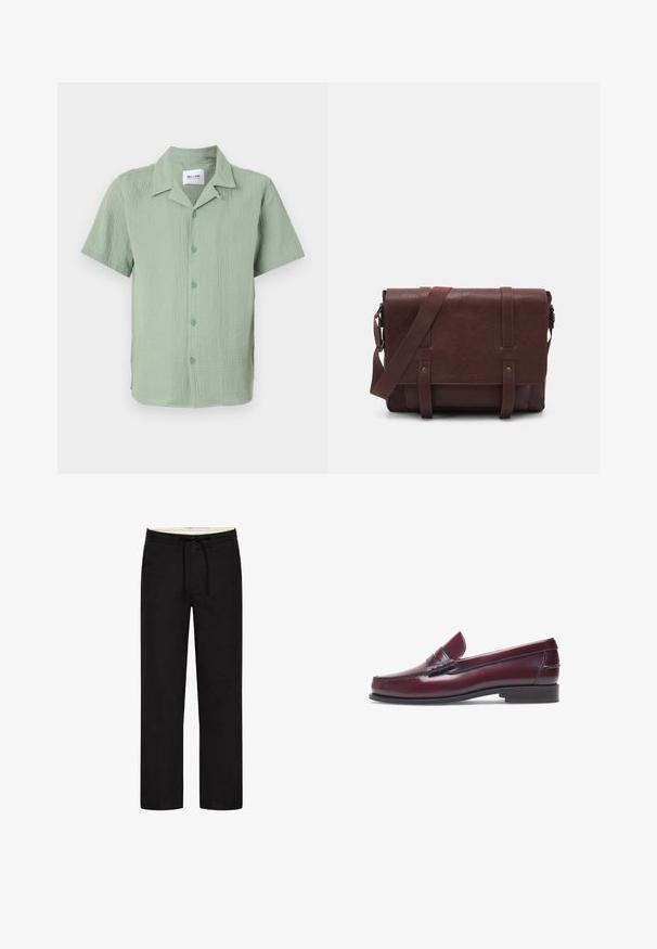Korte mouw shirt in lichtgroen, gemaakt van een textuurstof. Voorzien van een klassieke kraag, knopen aan de voorkant en een losse pasvorm met een afgeronde zoom.; Zwarte rechte broek met een elastische tailleband, aantrekkoord en een bescheiden ontwerp. Zachte stoftextuur. Geen zichtbare patronen of accenten.; Bordeaux leren instapper met een ronde neus, gestikte details en een kleine decoratieve accent op de schacht. Platte, contrasterende zool.; Bruine lederen schoudertas met een platte voorflap, twee banden, gouden hardware-accenten en een verstelbare schouderband.