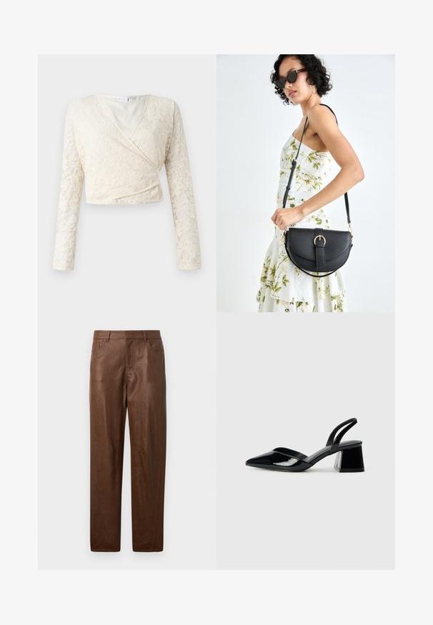 Krema čipkast zgornji del z dolgimi rokavi, V-izrezom in cvetličnim vzorcem. Gladka notranja podloga, skrajšana zasnova poudarja teksturo čipke.; Rjave usnjene hlače z gladko teksturo, naravnim krojem in dvema stranskima žepoma. Imajo opazne šive.; Črne lakirane slingback pete s koničastim nosom in geometrijsko blokasto peto. Imajo eleganten, minimalističen dizajn in gladko teksturo.; Črna usnjena torbica s ukrivljeno obliko, z odstranljivo naramnico in zlatimi dodatki. Torbica ima pokrov s podrobnostmi v obliki zaponke.