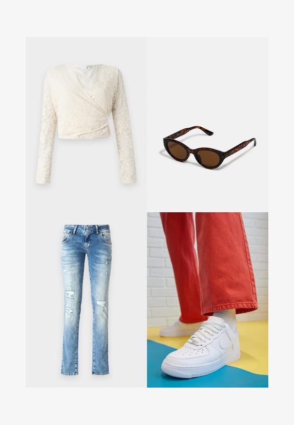 Grietos nėrinių viršus su ilgomis rankovėmis, V formos iškirpte ir gėlių raštu. Lygus vidinis pamušalas, trumpas dizainas pabrėžia nėrinių tekstūrą.; Šviesiai mėlyni džinsai su laisvu kirpimu, su nusidėvėjimo detalėmis, mygtukų užtrauktuku su dviem mygtukais ir tiesiomis kojomis.; Baltos odinės kedų sportbačiai su perforuotu pirštu, tekstūruota pado dalimi ir baltais raišteliais, derinami su plačiomis raudonomis kelnėmis ir mėlynos bei geltonos spalvų fono kompozicija.; Rudos tortoiseshell saulės akinius su vintage katės akies forma ir rudais objektyvais. Ypatybės - lenkti petnešos su raudonomis akcentais.; Aukso auskarai su lygiu, blizgiu paviršiumi. Apvalus dizainas su maža užrakto dalimi ir skaidria atrama saugiam nešiojimui.