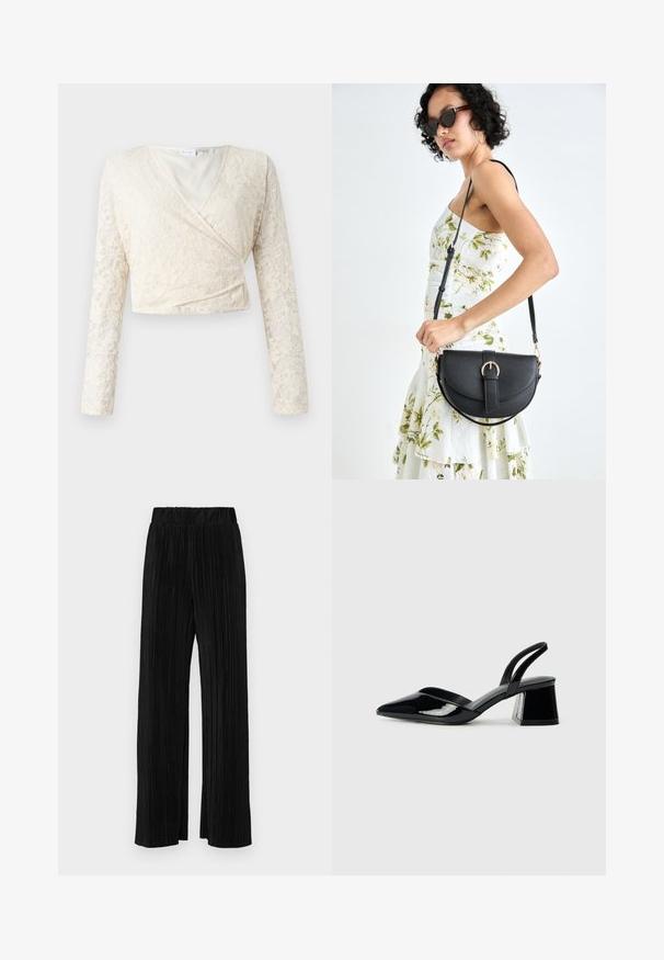 Cream lace wrap top with long sleeves, v-neckline, and floral pattern. Smooth inner lining, cropped design enhances the lace texture.; Black pleated trousers with an elastic waistband. Features wide legs and a smooth, textured fabric with vertical stripes.; Black patent leather slingback heels with a pointed toe and a geometric block heel. Features a sleek, minimal design and smooth texture.; Black leather handbag with a curved shape, detachable strap, and gold hardware. The bag features a flap with a buckle detail.