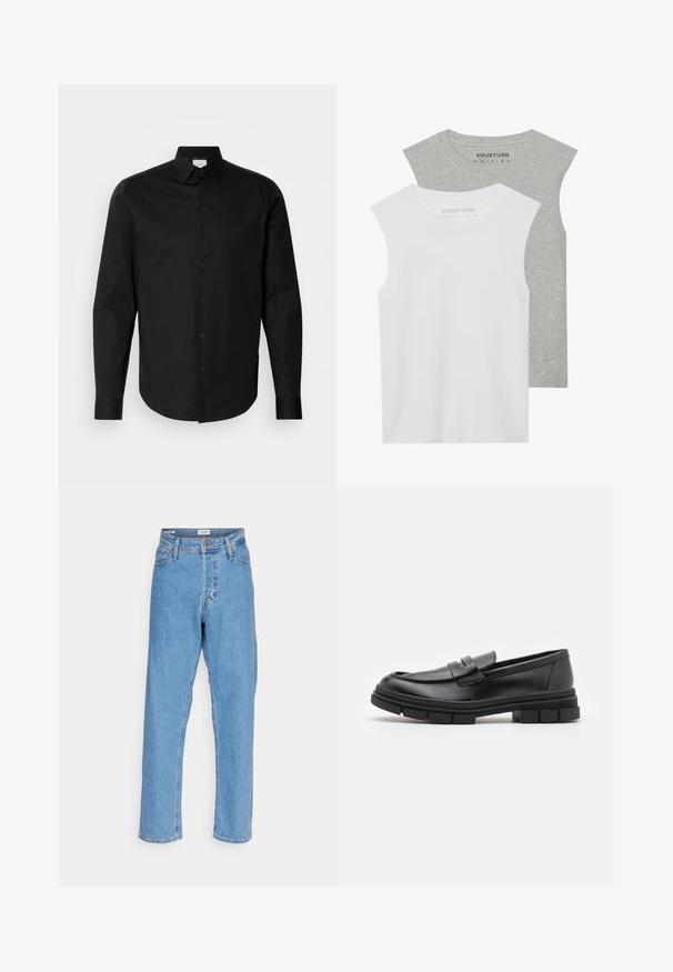 Schwarz, langärmliges Button-up-Hemd aus glattem Baumwollstoff. Verfügt über einen klassischen Kragen, Vorderknöpfe und einen abgerundeten Saum.; Zwei ärmellose Tops: eines in Weiß und eines in Hellgrau. Beide haben ein glattes, passgenaues Design mit einem runden Ausschnitt. Das Etikett trägt die Aufschrift "YOURTURN."; Helle blaue, hoch-taillierte, gerade Jeans mit vorderem Knopf, Reißverschluss, Gürtelschlaufen und Fünf-Taschen-Design auf weißem Hintergrund.; Schwarze Lederloafer mit glatter Oberfläche, ausgestattet mit einem vorderen Riemendetail und einer klobigen Gummisohle mit gerippten Akzenten.