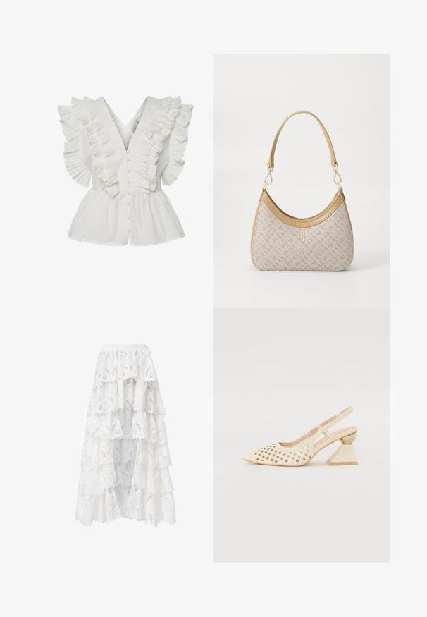 Weiße Bluse mit V-Ausschnitt, gerafften Ärmeln mit Falten und durchgehender Knopfleiste. Der ausgestellte Saum sorgt für Volumen und Kontrast.; Weißer Spitzrock mit einer gestuften Gestaltung und gewellten Kanten. Das Material hat ein florales Muster und eine Struktur, die ein geschichtetes Aussehen erzeugt.; Beige Slingback-Schuh mit Perforierung im Obermaterial, spitzer Zehenpartie und einem kontrastierenden dreieckigen Absatz mit einem goldenen Akzent. Insgesamt glatte Textur.; Beige gemusterte Handtasche mit geschwungener Form, Lederakzenten und einem goldfarbenen Logo auf der Vorderseite. Verfügt über einen kurzen Griff für einfaches Tragen.