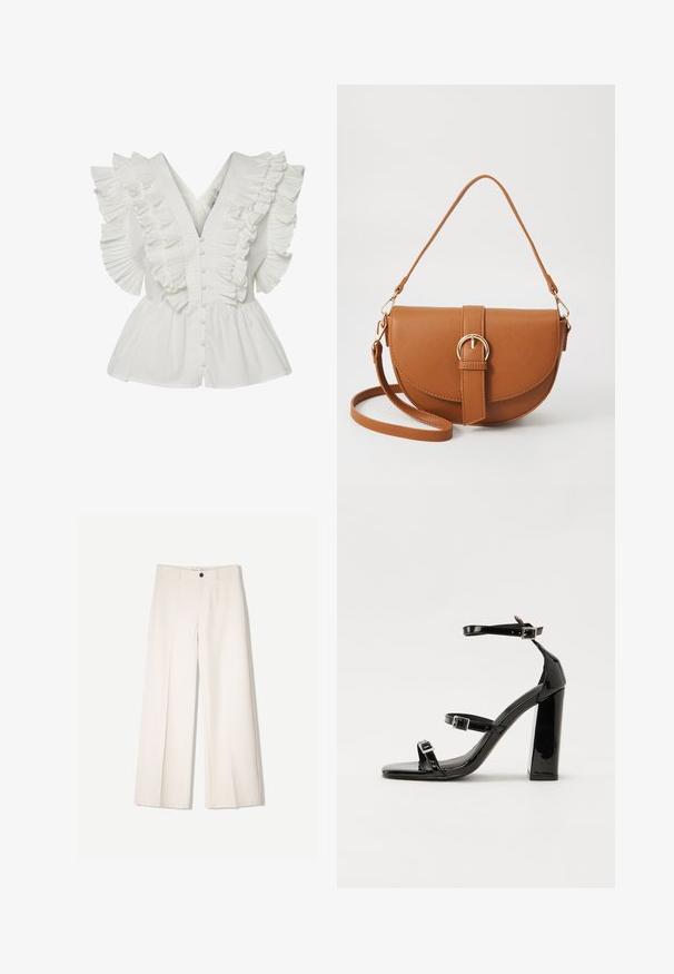 Hvid bluse med V-udskæring, flæseærmer med plisseringer og knaplukning foran. Den flagrende kant tilføjer volumen og kontrast.; Cremefarvede bukser med bred benvidde og skræddersyet design, der har to forlommer og en enkelt frontknaplukning, lavet af et glat stof.; Sorte patenterede hælsandaler med firkantet tå, ankelremme og sølvspænder. Har en chunky blokHæl for stabilitet.; Brun læder crossbody taske med en buet form, guldfarvet hardware og en spændeaccent. Har en aftagelig skulderrem.
