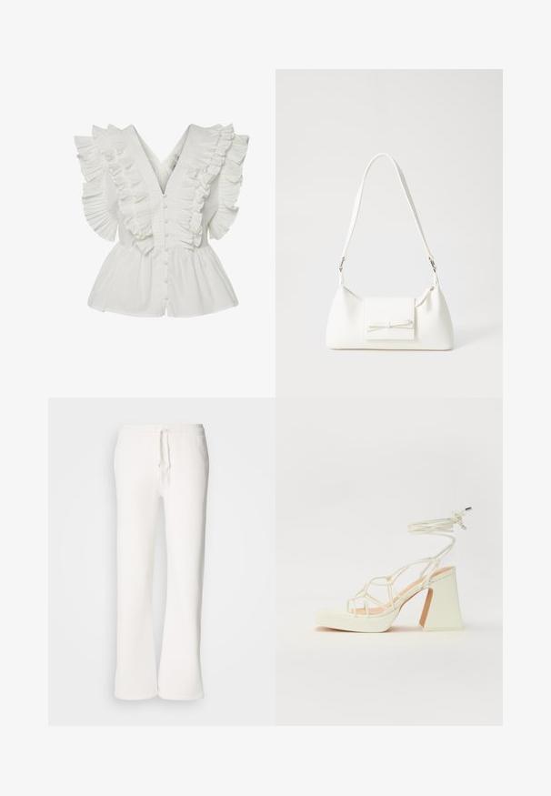 Blusa branca com decote em V, mangas com frufrus e pregas, e fechamento frontal com botões. A bainha ampla adiciona volume e contraste.; Calças de fato brancas, de corte descontraído, feitas de um tecido macio, com um cós elástico e um cordão de ajuste, apresentando um design de pernas retas.; Sandálias brancas de salto alto com um salto robusto, apresentando um design com tiras e amarração no tornozelo. Textura suave com uma plataforma na frente para altura adicional.; Mala sintética branca com formato triangular, aba frontal plana e detalhe de laço, alça ajustável, textura suave e design minimalista.