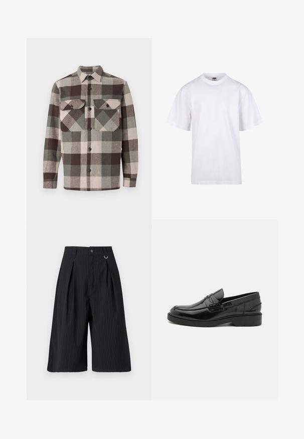 Karo srajca v rjavih, zelenih in bež odtenkih. Ima ovratnik, dva žepa na prsih in gumbaste zapirala spredaj. Strukturirana tkanina.; Bela bombažna majica s krojem na vratu, kratkimi rokavi in ohlapnim fitom. Ima enostaven dizajn brez vzorcev ali dodatkov.; Črne kratke hlače s črtami, z naborki, gumbom za zapiranje in kovinskim obročkom kot dodatkom. Gladka tkanina s krojem, ki se prilega in dolžino do kolen.; Črne usnjene loaferje z gladko površino, zaobljenim nosom, nizko peto in dekorativnim šivom spredaj. Guma na podplatu za boljši oprijem.