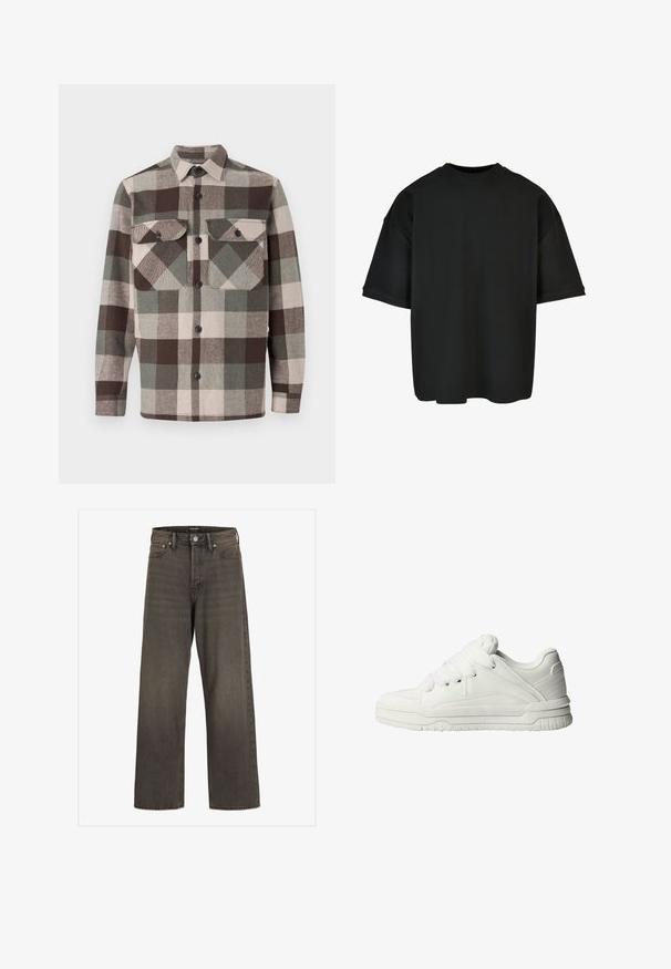 Kostkovaná košile v hnědých, zelených a béžových tónech. Obsahuje límeček, dvě náprsní kapsy a knoflíkové zapínání vpředu. Texturovaná tkanina.; Černé oversized tričko vyrobené z ribbrované látky. Kulatý výstřih, krátké rukávy a uvolněný střih se rovním lemem. Jednoduchý a univerzální design.; Džínové kalhoty s širokými nohavicemi v tmavě šedém denimu, s vysokým pasem, klasickým designem pěti kapes a kontrastním prošíváním podél švů.; Bílé tenisky s hladkým koženým povrchem, polstrovaným jazykem, plochými tkaničkami a texturovanými akcenty na bocích a patě.