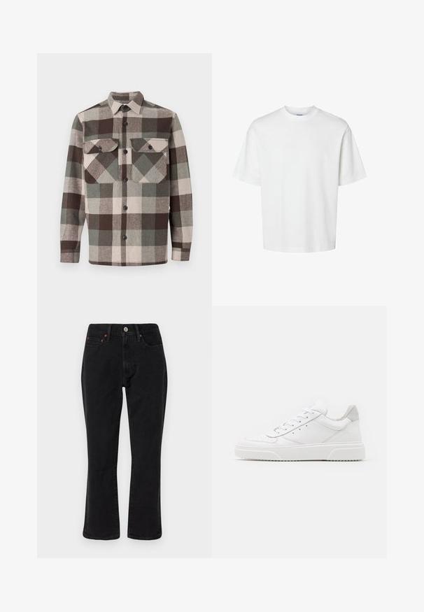 Ruuduline särk pruuni, rohelise ja beeži tooni. Omab kraed, kahte rinna taskut ja nuppe ees. Tekstureeritud kude.; Valge puuvillane t-särk lühikeste varrukatega, ümmarguse kaelusega ja lõdva lõikega. Sile tekstuur, ilma nähtavate mustrite või aktsentideta.; Mustad mustrid teksased, klassikalise sirge jalgade lõikega, viie taskuga stiilis ning metallist detailidega, millel on vasest aktsendid. Sile tekstuur ja keskmine tõus.; Valged nahast spordijalatsid siledast nahast viimistlusega, ümarate varvastega, lamekestega ja tekstuuriga tallaga. Hall suede aktsent kanna juures.