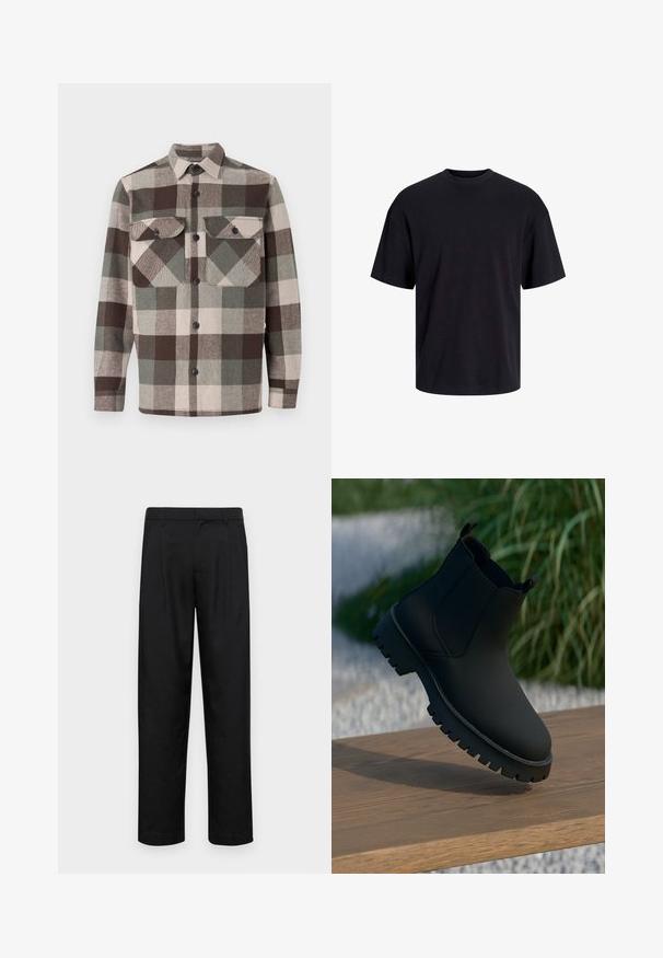 Raudonų, žalių ir kreminių atspalvių languota marškinėliai. Su apykakle, dviem krūtinės kišenėmis ir mygtukų uždarymu priekyje. Tekstūruotas audinys.; Juodas medvilninis marškinėlis su apvaliu iškirpimu, trumpomis rankovėmis ir laisvu siluetu. Glotni tekstūra, be matomų raštų ar akcentų.; Juodi kelnių modeliai, pagaminti iš lygios medžiagos, turi tiesią kojas, du priekiniai klostės ir standartinę juosmenį su diržo kilpomis.; Juodos kulkšninių botų, su lygia apdaila, elastingomis šoninėmis juostomis ir stora, tvirta padu. Sufokusuoti gamtos fone ant medinės dangos.