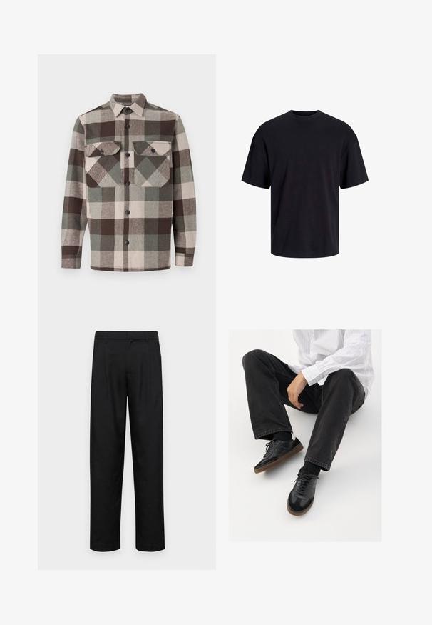 Camisa de cuadros en tonos marrón, verde y beige. Tiene un cuello, dos bolsillos en el pecho y cierres de botón en el frontal. Tejido texturizado.; Camiseta de algodón negra con cuello redondo, mangas cortas y un ajuste relajado. Textura suave y sin patrones ni acentos visibles.; Pantalones negros de tela suave, con un diseño de pierna recta, dos pliegues frontales y una cintura estándar con trabillas para el cinturón.; Zapatillas negras con una parte superior suave y texturizada, que cuentan con una suela de goma y cordones oscuros. Combinadas con jeans negros y una camisa blanca a rayas.