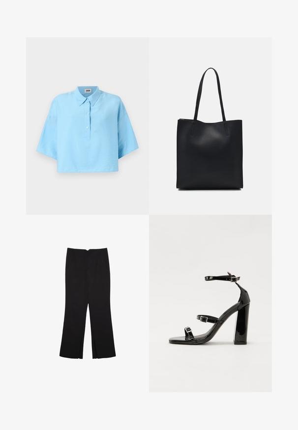Camicetta azzurra chiara a cropped con colletto, chiusura frontale a bottoni e maniche corte. Realizzata in un tessuto liscio e leggero.; Pantaloni neri a gamba dritta, con tasche frontali e spacchi laterali all'orlo. Realizzati in tessuto morbido e liscio. Adatti a diverse occasioni.; Sandali con tacco in vernice nera, con punta squadrata, cinturini alla caviglia e fibbie in argento. Presentano un tacco a blocco spesso per maggiore stabilità.; Borsa tote in pelle nera con texture liscia, forma rettangolare e due manici lunghi. Nessun hardware o decorazione visibile.