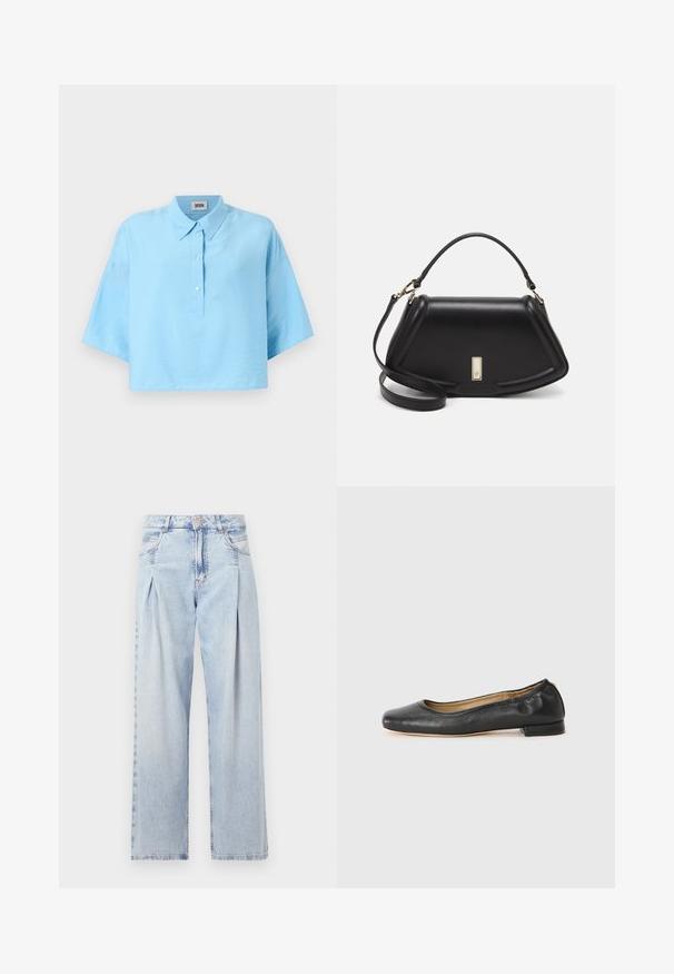 Lichtblauwe cropped shirt met een kraag, een sluiting met knopen aan de voorkant en korte mouwen. Gemaakt van een gladde, lichte stof.; Lichtblauwe denim jeans met een hoge taille, wijde pijpen, twee zijzakken en geplooid ontwerp. Zachte textuur met een vervaagd uiterlijk.; Zwarte leren balletschoenen met een ronde neus en minimale stiknaden. Lage, rechthoekige hak en een gladde textuur. Subtiele detailvoering aan de binnenkant.; Zwarte leren handtas met een gestructureerd ontwerp, featuring een verkorte vorm, bovenhandvat en gouden hardwareaccent. Inclusief verstelbare schouderband.