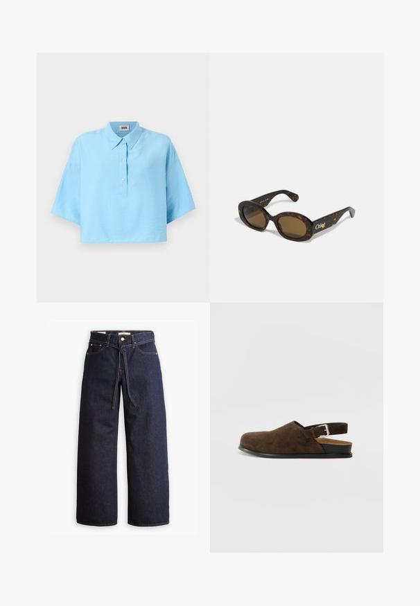 Light blue cropped shirt with a collared neckline, front button closure, and short sleeves. Made from a smooth, lightweight fabric.; Wide-leg dark blue denim jeans with a high waist, featuring a drawstring tie, five pockets, and contrasting stitching details.; Brown suede slip-on shoe with a low heel, an adjustable strap with a silver buckle, and a black rubber sole.; Tortoiseshell sunglasses with oval frames, brown tinted lenses, and "Chloé" branding on the arm. Smooth plastic material with glossy finish.; Brown suede tote bag with a wide shape and soft texture, featuring a single strap and minimal hardware against a neutral backdrop.