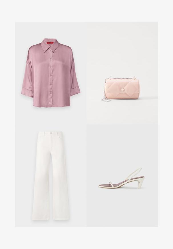 MAX&Co. BEMBO jasnoróżowy; Białe dżinsy z wysokim stanem i szerokimi nogawkami. Wykonane z denimu. Posiadają zapięcie na guzik, dwie kieszenie z przodu oraz boczne szwy ze szczegółami w postaci przeszyć.; Białe sandały na koturnie z cienkimi paskami i gładką skórzaną fakturą; zawierają małą dekoracyjną klamrę.; Pikowana różowa skórzana torba z srebrnym łańcuszkiem, z akcentem w postaci logo, zaokrąglonym kształtem i gładką teksturą. Idealna na różne okazje.