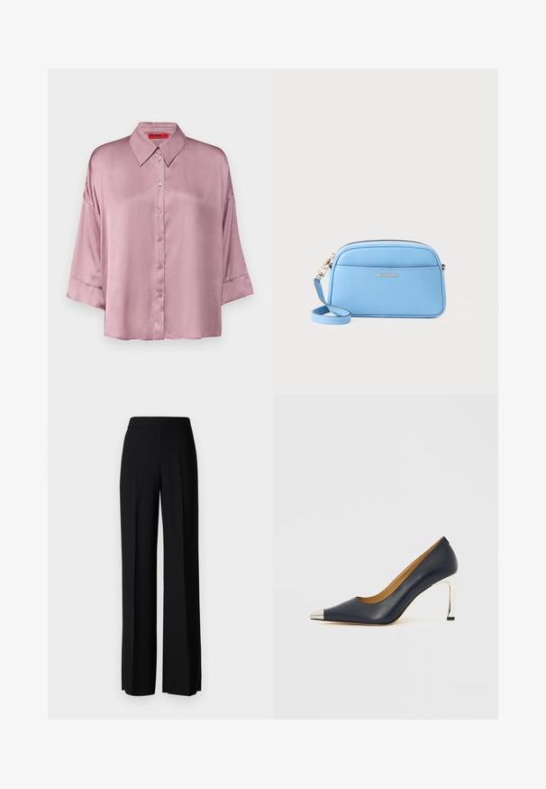 MAX&Co. BEMBO - Camicia - mottled pink; Pantaloni neri a gamba larga con una texture liscia, dotati di una vita alta e pieghe centrali. Nessun motivo visibile o dettagli in metallo.; Scarpa con tacco alto in pelle blu navy con punta appuntita, caratterizzata da una copertura metallica argentata e un tacco a spillo argentato lucido.; Borsa a tracolla in pelle azzurro chiaro con dettagli in metallo oro, chiusura con zip e tasca frontale. Presenta un tracolla regolabile per maggiore comodità.