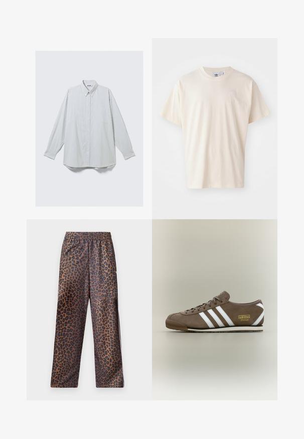 Cămașă albă cu mâneci lungi, cu dungi verticale subțiri de culoare gri, cu nasturi în față, un singur buzunar la piept și guler ascuțit.; Tricou din bumbac crem cu guler rotund și mâneci scurte; prezintă un mic logo de culoare deschisă pe piept.; Pantaloni cu imprimeu de leopard, cu talie elastică. Confecționați dintr-un material lucios, având o bază maro cu pete negre și un design lejer.; Pantof sport maro din piele întoarsă cu trei dungi albe, talpă plată din cauciuc, vârf rotund și logo auriu "adidas Italia" pe lateral.