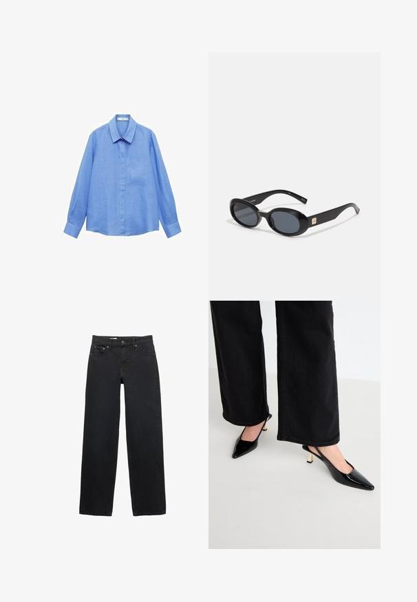 Light blue long-sleeve linen shirt with a collar, front buttons, and a left chest pocket; features a clean, minimalist design.; Black wide-leg jeans made from denim, featuring five pockets, a button closure, subtle stitching, and a straight cut from waist to hem.; Simmi London JUNE - Classic heels - black; Black oval sunglasses with dark lenses, glossy plastic frame, wide arms, and a small gold accent on one side.; Quilted black leather handbag with a gold chain strap and a gold hardware clasp featuring a geometric design on the front.; Gold chain necklace featuring interlinked oval links, a textured surface, and a clasp with a small round accent and extension chain.