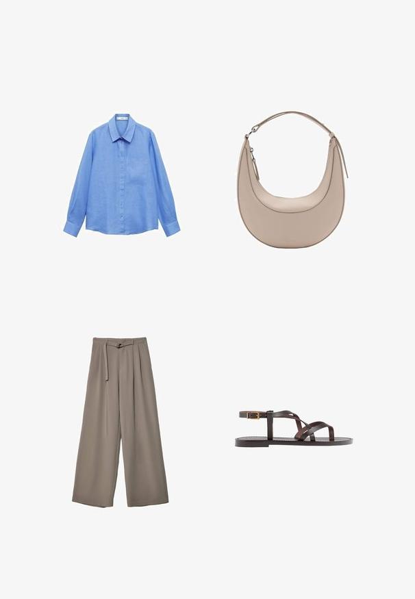 Světle modrá lněná košile s dlouhým rukávem, límečkem, předními knoflíky a kapsou na levé hrudi; má čistý, minimalistický design.; Kalhoty s širokými nohavicemi v měkké, tlumené šedé látce, s páskem v pase a sklady pro přidaný designový detail. Hladká textura, bez vzorů.; Hnědé kožené sandály s kříženými pásky, uzavřením na přezku u kotníku a plochou podrážkou s minimem švů.; Světle béžová kožená kabelka přes rameno s půlměsíčovým tvarem, hladkým povrchem a jedním zakřiveným uchopem. Obsahuje zipový uzávěr a upravené švy.