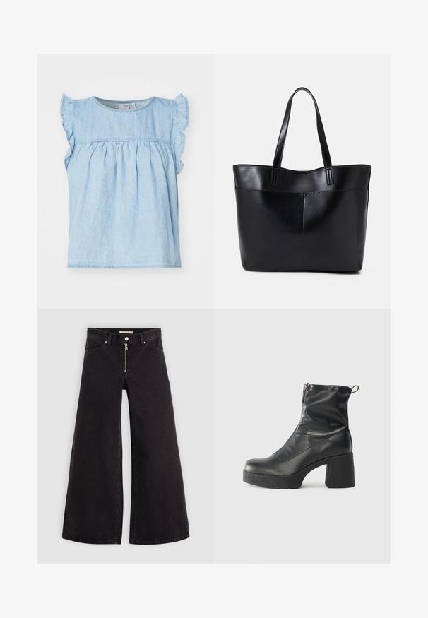 Ljust blå denimtop med fladdrande ärmar, veckad boddesign, rund halsringning och avslappnad passform. Sömmar längs torso.; Breda jeans i svart denim med dragkedja fram, femfickorsdesign och subtila sömdetaljer. Slät textur och avslappnad stil.; Svarta ankelstövlar i slitstark läder, med sidodragkedja, kraftig strukturerad klack och rundad tådesign.; Svart läder tote-väska med två långa handtag, en slät yta och en strukturerad form. Har en framficka för extra förvaring.