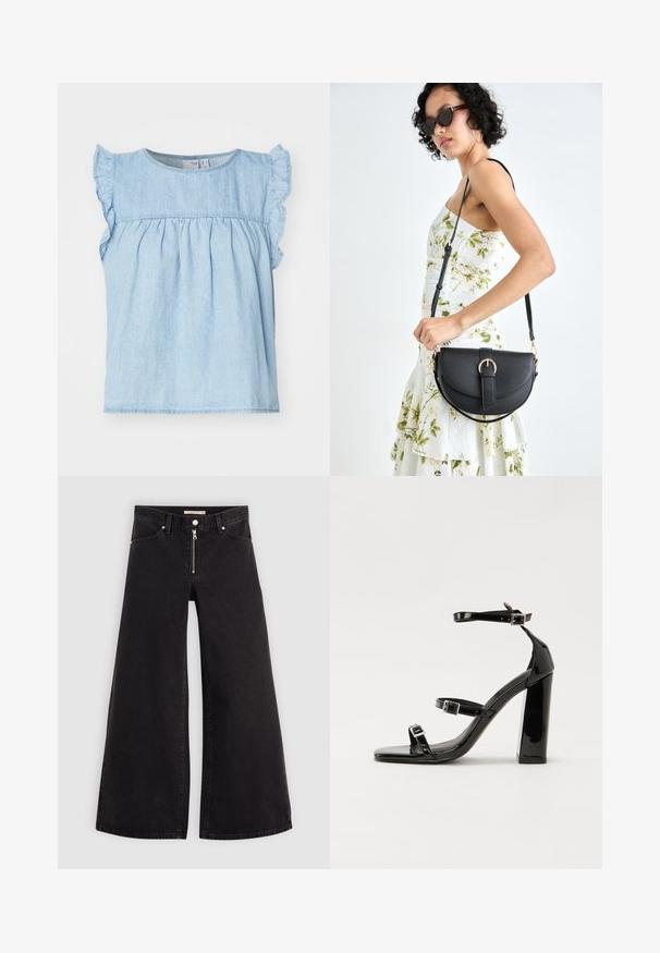 Ljust blå denimtop med fladdrande ärmar, veckad boddesign, rund halsringning och avslappnad passform. Sömmar längs torso.; Breda jeans i svart denim med dragkedja fram, femfickorsdesign och subtila sömdetaljer. Slät textur och avslappnad stil.; Svarta lackerade klacksandaler med fyrkantig tå, ankelremmar och silverfärgade spännen. Har en kraftig blockklack för stabilitet.; Svart läderhandväska med en böjd form, avtagbar rem och guldiga detaljer. Väskan har ett lock med en spänndetalj.