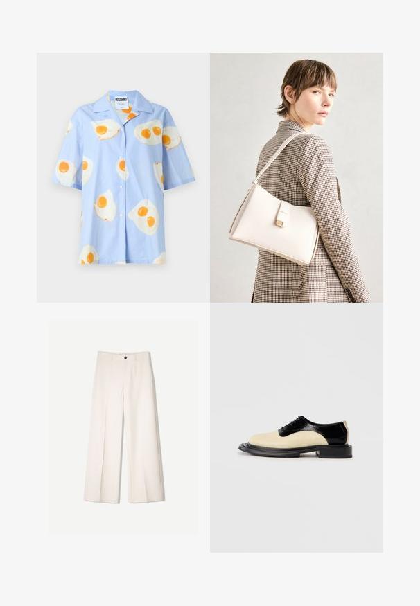 Himmelblaues Kurzarmhemd mit Knopfleiste, das ein wiederholtes Muster von Spiegeleiern in Weiß und Gelb zeigt. 95% Baumwolle, 5% Elasthan.; Cremfarbene weitem Hosen mit maßgeschneidertem Design, ausgestattet mit zwei vorderen Taschen und einem vorderen Knopfverschluss, aus glattem Stoff gefertigt.; Zweifarbiger Schnürschuh mit einem cremigen beigen Lederfront und einem glänzenden schwarzen Lederhinterteil, ausgestattet mit einer dicken, strukturierten schwarzen Sohle.; Weiße Lederhandtasche mit strukturiertem Design, ausgestattet mit einem Magnetverschluss und einem Schulterriemen, präsentiert vor einem neutralen Hintergrund.