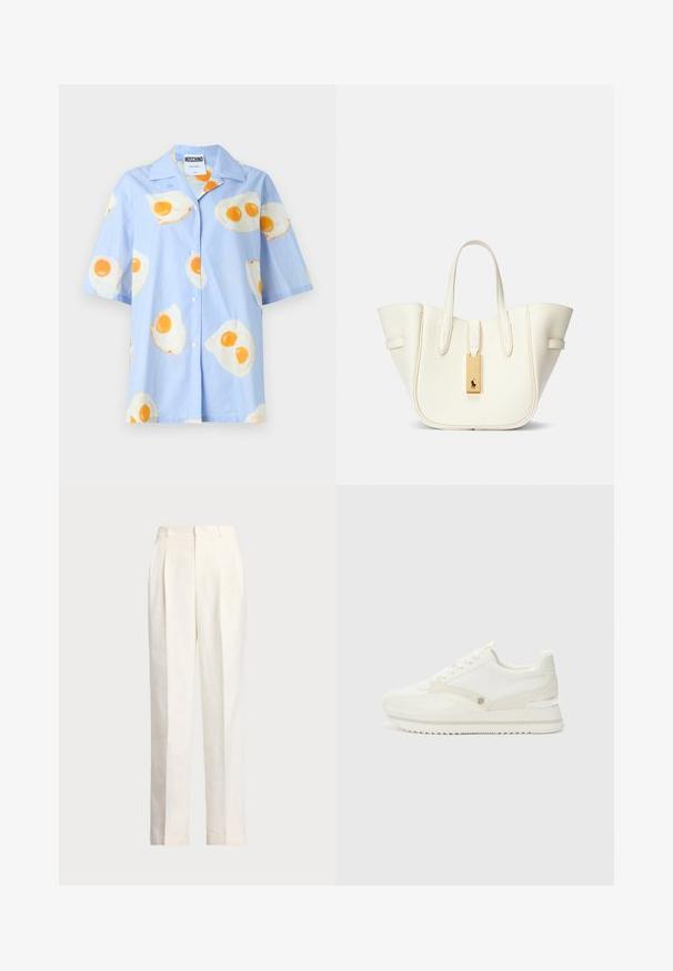 Camisa de manga corta azul claro con botones en la parte delantera, que presenta un patrón repetido de huevos fritos en blanco y amarillo. 95% algodón, 5% elastano.; Polo Ralph Lauren HEMP WIDE LEG PANT - Pantalones - nevis; Zapatillas blancas con una combinación de materiales lisos y texturizados, que cuentan con un logo sutil, diseño de cordones y suela en zigzag.; Bolso de tote de cuero blanco con forma estructurada, costuras prominentes, etiqueta de hardware dorado y asas dobles. Superficie texturizada con bolsillos laterales.