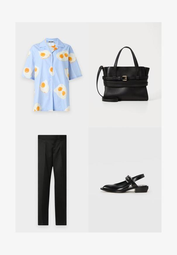 Cămașă scurtă de culoare albastru deschis, cu mâneci scurte și închidere cu nasturi, având un model repetat de ouă prăjite în alb și galben. 95% bumbac, 5% elastan.; Pantaloni negri cu un material neted, design croit, picioare drepte și un talie plată fără închideri sau buzunare vizibile.; Pantofii slingback din piele neagră au un vârf ascuțit, toc pătrat și o curea cu cataramă ajustabilă. Textura netedă și designul minimalist îi conferă un aspect elegant.; Geantă de mână din piele neagră cu un design structurat, mânere superioare duale, curea detașabilă și accente din aur pe o bandă orizontală.