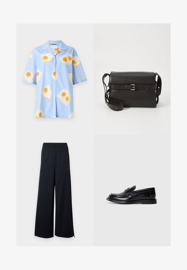 Světle modrá košile s krátkým rukávem a knoflíkovým zapínáním, s opakujícím se vzorem smažených vajec v bílé a žluté barvě. 95 % bavlna, 5 % elastan.; Černé široké krajkové kalhoty s elastickým pasem a malými zipovými detaily na spodním lemu, vystavené na bílém pozadí.; Černé kožené mokasíny s prošívaným designem, malou přední chlopeň a plochou gumovou podrážkou. Hladký povrch s akcentem zlaté barvy.; Černá kožená kabelka se strukturovaným tvarem. Obsahuje zlatou přezku, nastavitelný popruh a hladkou texturu. Minimalistický design.