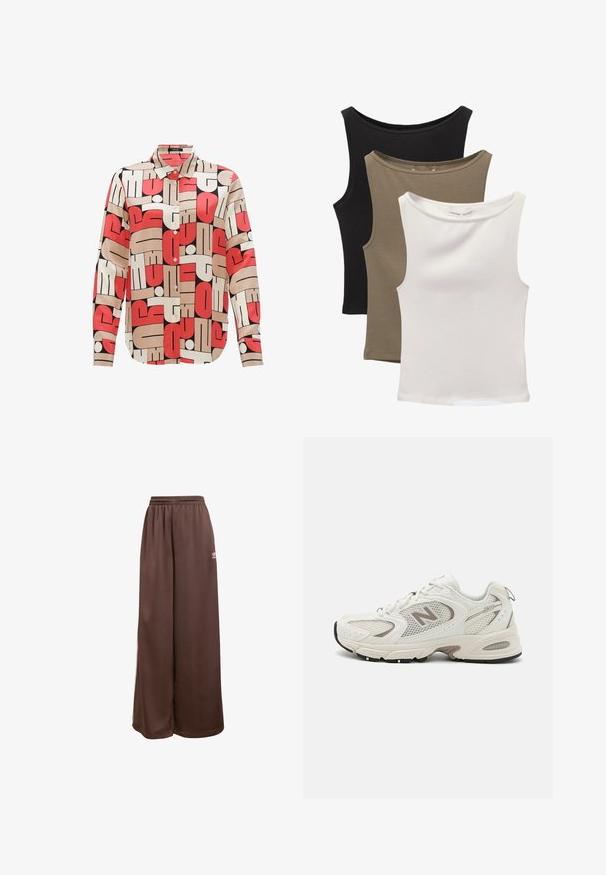 Hemd mit Knopfleiste und geometrischem Muster in Rot, cremig und Schwarz. Aus glattem Stoff gefertigt, mit Kragen und langen Ärmeln.; Drei ärmellose Tops gestapelt: schwarz, olivgrün und weiß. Der Stoff ist ein glattes, dehnbares Material mit abgerundeten Ausschnitten und ohne Muster.; adidas Originals Jogginghose - auburn cream white; Weißes Mesh-Laufschuh mit grauen Akzenten, runder Spitze, Schnürdesign, gepolsteter Sohle und einem auffälligen "N"-Logo an der Seite.