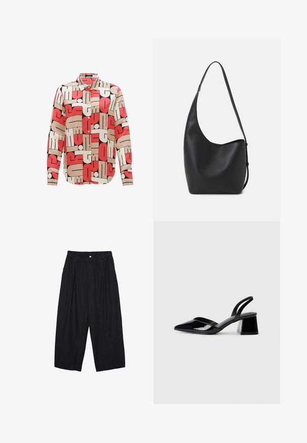 Camicia button-up con motivo geometrico in rosso, crema e nero. Realizzata in tessuto morbido con colletto e maniche lunghe.; Pantaloni culotte neri in poliestere con una cintura elastica, due pieghe frontali e una silhouette ampia. Nessun motivo visibile o dettagli in metallo.; Décolleté in vernice nera con punta affusolata e tacco in geometria cubica. Presentano un design elegante e minimalista, con una texture liscia.; Borsa hobo nera in pelle con una superficie liscia, forma curvata e una singola tracolla regolabile; presenta un'ampia apertura nella parte superiore.