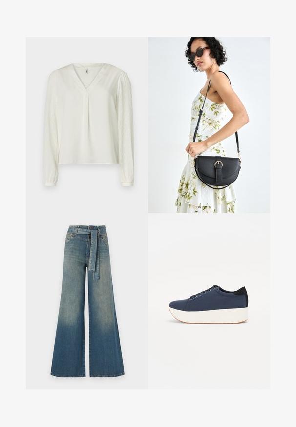 Fehér, V nyakú blúz, sima elülső anyaggal és texturált, mintás, áttetsző hosszú ujjal. Rugalmas mandzsetták az ujjak végén.; Bőszárú farmernadrág, világos és sötétkék árnyalatokkal, magas derekú, övgyűrűkkel és a nadrággal megegyező anyagú övvel. Textúrált farmer kivitel.; Sötétkék sportcipő, texturált szövet felsőrész, fehér platform talp, lekerekített orr és fekete sarok akcentussal. Hat fűzőlyuk található rajta.; Fekete bőrtáska ívelt formával, levehető pánttal és arany színű fémrészekkel. A táskán egy csattal díszített fedél található.