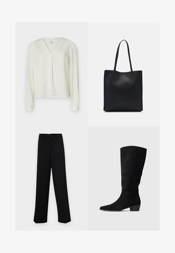 White top with a V-neck, featuring smooth front fabric and textured patterned sheer long sleeves. Elastic cuffs at sleeve ends.; Black wide-leg trousers made of smooth fabric, featuring a classic waistband with a button closure and front pleats.; Black suede knee-high boot with low block heel and pointed toe, shown in side view on a plain light gray background.; Black leather tote bag with smooth texture, rectangular shape, and two long handles. No visible hardware or embellishments.
