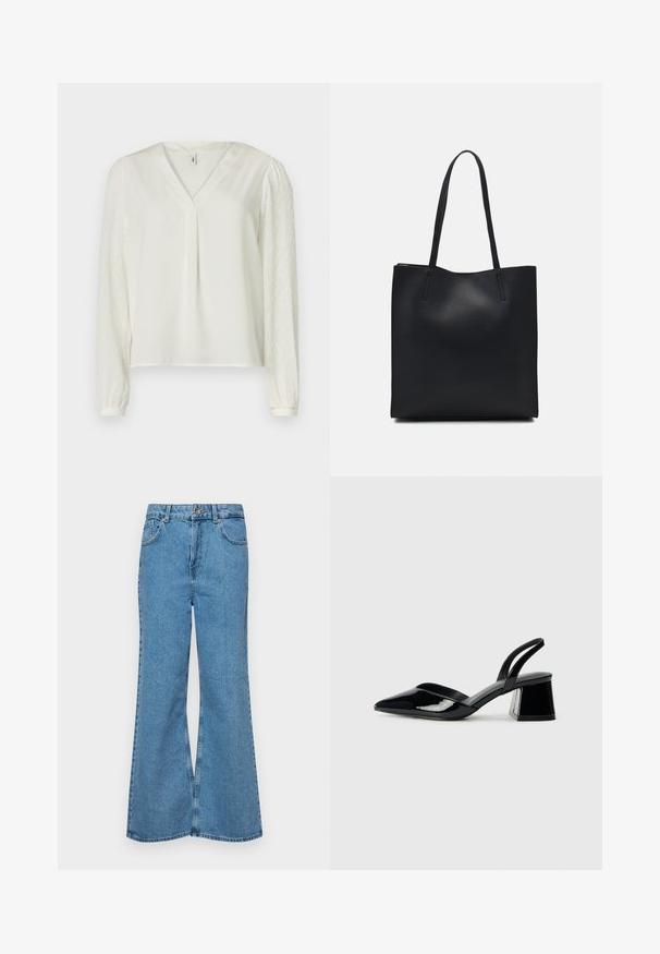 Bílý top s výstřihem do V, se hladkým předním materiálem a texturovanými vzorovanými dlouhými rukávy. Elastické manžety na koncích rukávů.; Světle modré rozšířené džíny z denimu, se zvýšeným pasem, pěti kapsami a jedním knoflíkem na zapínání. Měkký povrch s vybledlým vzhledem.; Černé lakované kožené lodičky na pásku s špičatou špičkou a geometrickým blokovým podpatkem. Vyznačují se elegantním, minimalistickým designem a hladkým povrchem.; Černá kožená taška přes rameno s hladkým povrchem, obdélníkovým tvarem a dvěma dlouhými uchy. Žádné viditelné kování ani ozdoby.