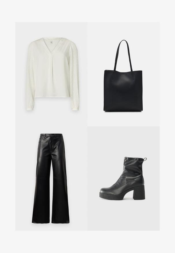 Bijela majica s V-izrezom, s glatkim prednjim materijalom i prozirnim dugim rukavima s teksturiranim uzorkom. Elastične manžete na kraju rukava.; Crne visoke široke hlače od umjetne kože s prednjim gumbom, zatvaranjem na zip, petljama za pojas i bočnim džepovima na bijeloj pozadini.; Crne gležnjače od glatke kože, s bočnim zatvaračem, debelim teksturiranim potplatom i dizajnom s zaobljenim prstima.; Crna kožna torba za nošenje s glatkom teksturom, pravokutnim oblikom i dvije duge ručke. Nema vidljivih metalnih dijelova ili ukrasa.