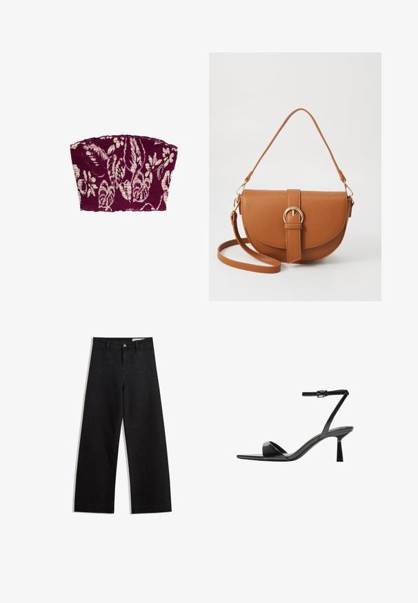 Marks & Spencer SHIRRED BANDEAU - Blouse - purple mix; Black wide-leg denim pants with a high waist, featuring front and back pockets, stitched seams, and a button closure. Smooth texture.; Bershka High heeled sandals - black; Brown leather crossbody bag with a curved shape, gold hardware, and a buckle accent. Features a detachable shoulder strap.
