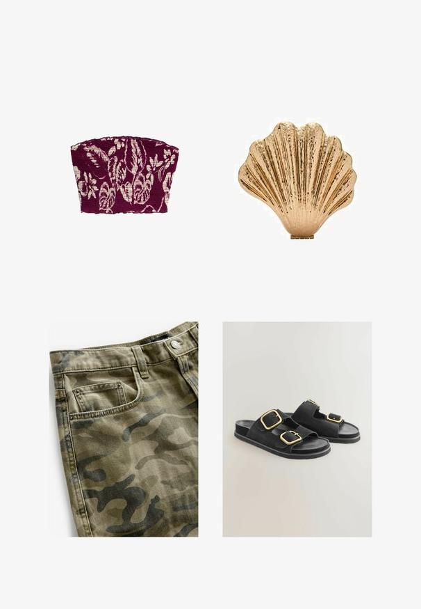 Marks & Spencer - Bluzka; Next - Szorty jeansowe; Czarne zamszowe sandały z dwoma szerokimi paskami i złotymi klamrami, płaską podeszwą oraz otwartym noskiem. Gładka tekstura z kontrastującymi akcentami z materiałów metalowych.; Złocona dekoracyjna ozdoba w kształcie muszli, posiadająca teksturowaną powierzchnię i żłobiony wzór, z płaską podstawą zapewniającą stabilność.; Perłowy naszyjnik z błyszczącymi białymi koralikami, z zawieszką w kształcie agrafki w kolorze srebrnym ozdobioną przezroczystymi cyrkoniami. Zapięcie na zatrzask typu lobster.