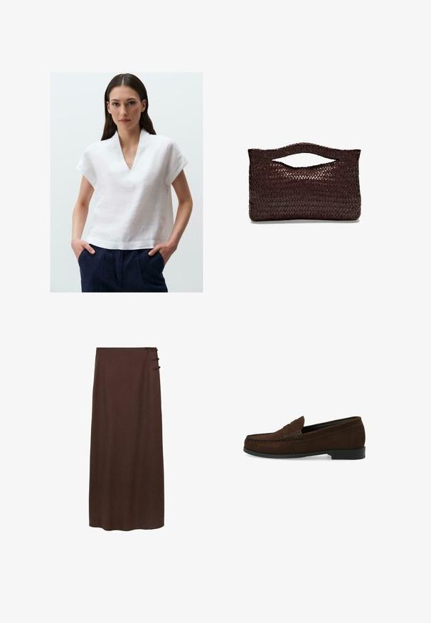 Biała lniana bluzka z dekoltem w kształcie litery V i krótkimi rękawami. Materiał ma teksturowane wykończenie i jest zestawiona z ciemnoniebieskimi spodniami.; Brąskowa, długość do ziemi spódnica wykonana z miękkiego materiału. Posiada trzy dekoracyjne guziki po bokach w okolicy talii. Prosty, nieozdobiony fason.; Brązowe zamszowe mokasyny z haftowanym czubkiem, płaską czarną gumową podeszwą oraz dekoracyjnym paskiem i detalem.; Torebka z brązowej, plecionej skóry z zaokrąglonym uchwytem u góry i otwartą sylwetką, charakteryzująca się teksturowaną powierzchnią oraz eleganckim, minimalistycznym designem.