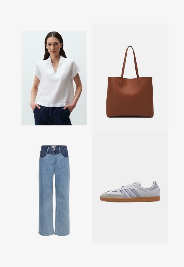 Haut en lin blanc avec un décolleté en V et des manches courtes. Le tissu a une finition texturée et est associé à un pantalon bleu marine.; Jeans en denim bleu clair à jambes larges, avec une taille haute, un design à cinq poches et un patch bleu foncé contrastant à l'avant.; Baskets en cuir blanc avec des accents bleu clair, un bout en daim gris et une semelle en caoutchouc marron. Présente trois bandes bleues et le marquage "Samba".; Sac fourre-tout en cuir marron avec une texture lisse, design à ouverture supérieure et deux poignées pour le porter à l'épaule. Présente des coutures minimales et aucun matériel visible.