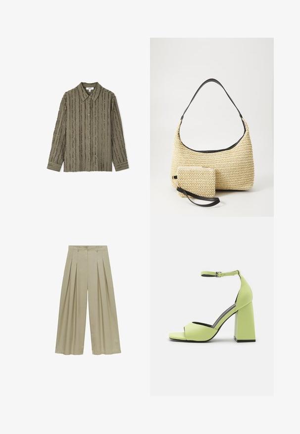 Olive green button-up shirt with a textured, ribbed design. Long sleeves with buttoned cuffs and a classic collar.; Mango Trousers - light green; Even&Odd High heeled sandals - light green; Woven straw handbag with a curved silhouette, featuring a smooth black leather strap and a matching small pouch attached by a wrist strap.