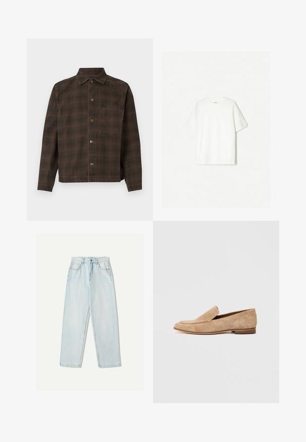 Giacca a quadri marrone con chiusura a bottoni, colletto e una tasca sul petto. Realizzata in tessuto strutturato con bottoni metallici.; T-shirt bianco a maniche corte, realizzato in cotone morbido. Design a girocollo con una vestibilità comoda e senza loghi o motivi visibili.; Jeans in denim azzurro chiaro con una vestibilità comoda, design a gamba dritta, stile a cinque tasche e leggere sfumature sul tessuto.; Mocassino in suede beige con tacco basso, punta rotonda e un punto decorativo sulla tomaia. Texture liscia con dettagli minimi.