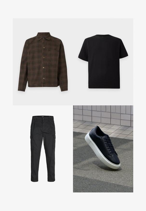 Brązowa marynarka w kratę z zapięciem na guziki, kołnierzem i jedną kieszenią na piersi. Wykonana z teksturowanej tkaniny z metalowymi guzikami.; Czarna koszulka z krótkim rękawem, wykonana z teksturowanej tkaniny, z okrągłym dekoltem i luźnym krojem. Prosta, bez wzorów i akcentów.; Czarne spodnie cargo wykonane z wytrzymałego materiału, z wieloma kieszeniami, zapięciem na guzik oraz zwężanym krojem nogawek.; Czarne skórzane sneakersy z okrągłym noskiem i białą gumową podeszwą. Posiadają płaskie sznurowadła i minimalne przeszycia na cholewce. Teksturowana podeszwa zapewnia przyczepność.